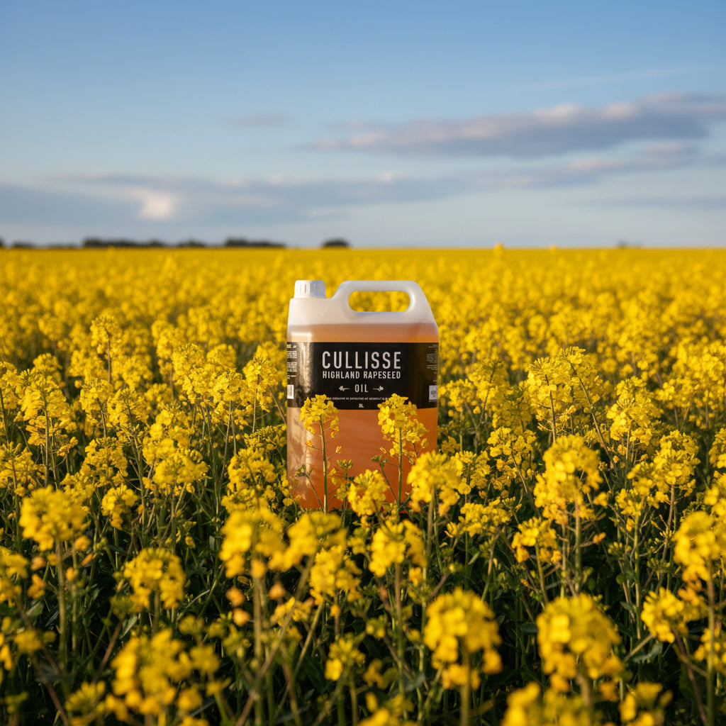 A 5L plastic jug of Cullisse Highland Rapeseed Oil, showing the amber-colored oil inside, a black label with white text, and a translucent white cap.