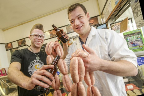Business links – Seb Jones from Speyside Craft Brewery and Jock  brew up a recipe for a tasty sausage. Picture: Marc Hindley, Chit Chat PR & Digital